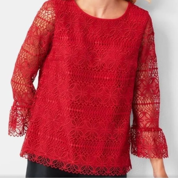 Red Lace Overlay 3/4 Bell Sleeve Top - Picture 1 of 5